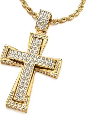 Women's Gold Extra Large Steel Cross Pendant Cubic Zirconia Necklace